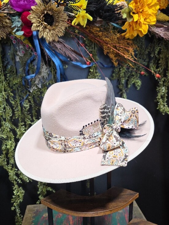 OOAK Blush Wide-Brim Fedora Hat with Paisley Scarf Detail & Accents